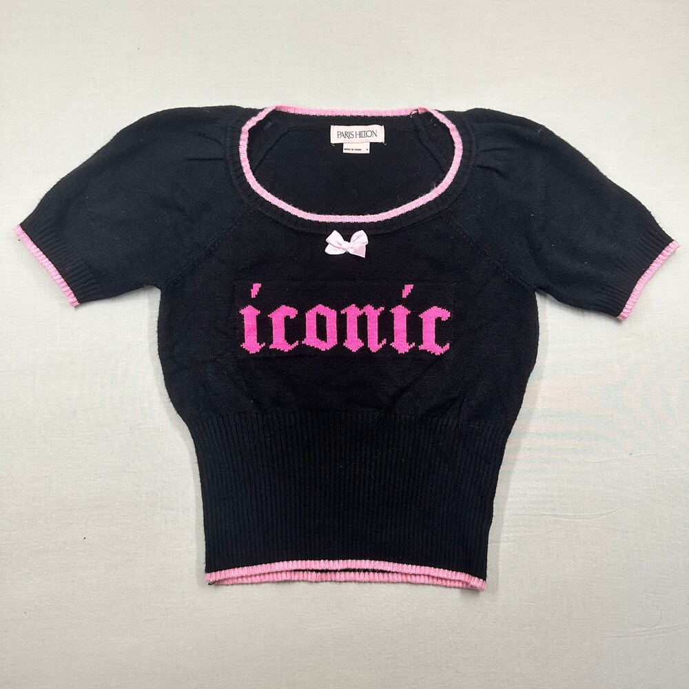 Y2K Paris Hilton Graphic Crop Sweater Bow Detail Black Pink S - Picture 1 of 12